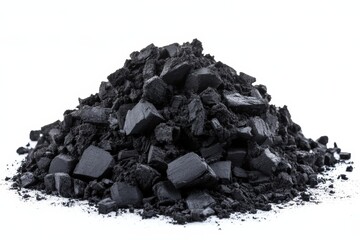 A distinct mound of black charcoal sits prominently against a stark white background, illustrating the contrast and depth of the material, evoking a sense of simplicity and rawness.
