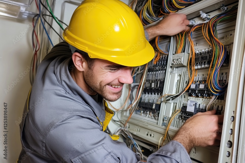 Poster a man in a hard hat works on an electrical panel, providing a safe and efficient energy solution