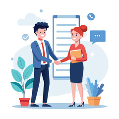 People shaking hands at work - Two businesspeople, man and woman doing handshake in office at work while smiling over business agreement and deal. Flat design stock illustration on white background
