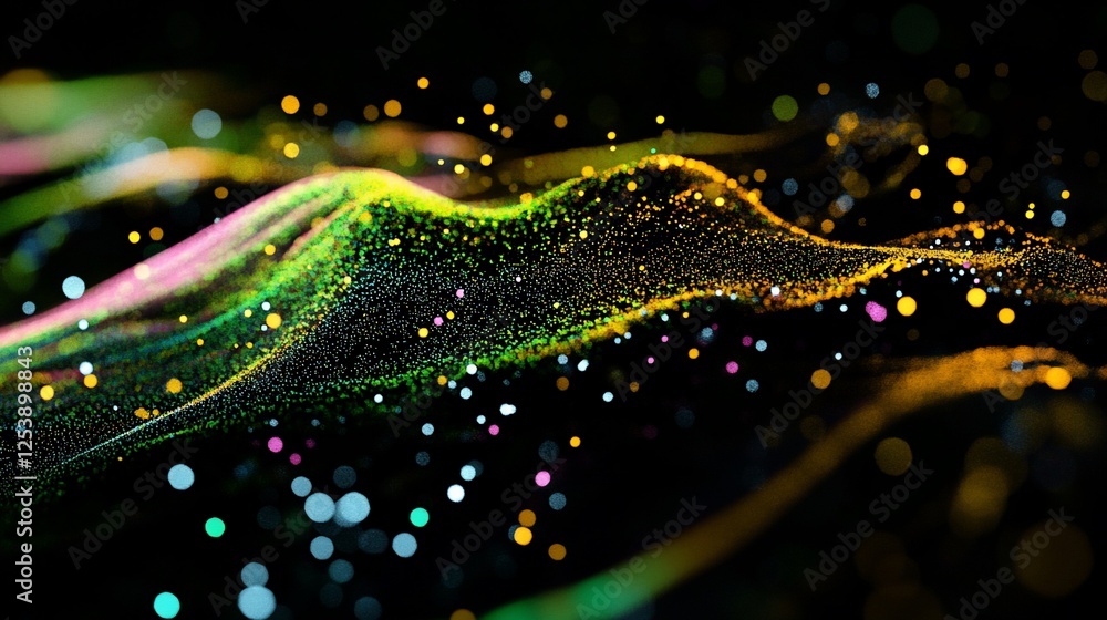 Poster a dynamic fluid wave of vibrant multicolored moving dots against a dark background