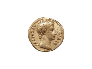 Gold aureus coin of emperor Augustus Roman Empire 27 BC-AD 14, png file cut out and isolated on a...