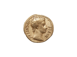 Gold aureus coin of emperor Augustus Roman Empire 27 BC-AD 14, png file cut out and isolated on a transparent background, ancient coinage stock photo image