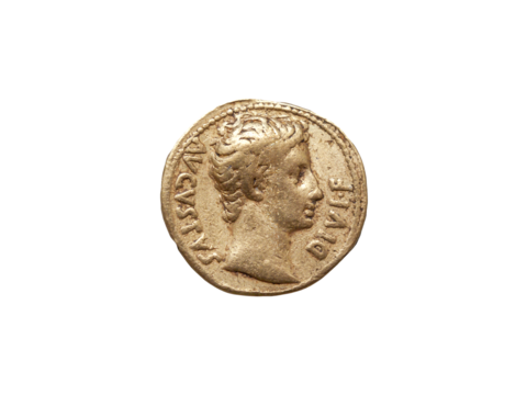 Gold aureus coin of emperor Augustus Roman Empire 27 BC-AD 14, png file cut out and isolated on a transparent background, ancient coinage stock photo image