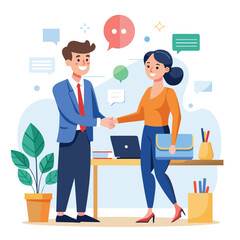 People shaking hands at work - Two businesspeople, man and woman doing handshake in office at work while smiling over business agreement and deal. Flat design stock illustration on white background