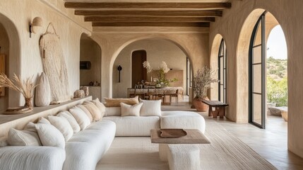Spacious living room with soft beige walls, sculptural lighting, and a mix of linen and wool textures for a cozy feel.