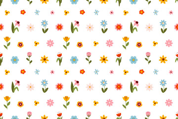 Seamless pattern with a mix of various flowers, including blue, red, yellow, and pink blossoms with green leaves. The lively and cheerful design is ideal for fabric prints, wrapping paper