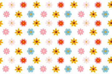 Seamless pattern with a mix of various flowers, including blue, red, yellow, and pink blossoms with green leaves. The lively and cheerful design is ideal for fabric prints, wrapping paper