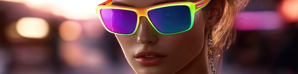 A woman wearing neon-colored sunglasses walking down a busy city street