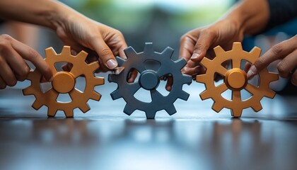 Hands Connecting Wooden And Metal Gears On Dark Table