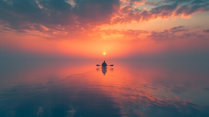 Fototapeta premium Silhouette of a person kayaking through a foggy lake the paddle creating ripples on the still water