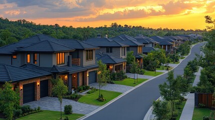 Luxury Homes at Sunset: Serene Suburban Street