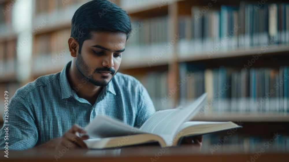 Poster a person sitting at a table in a quiet library environment, surrounded by books and possibly learnin