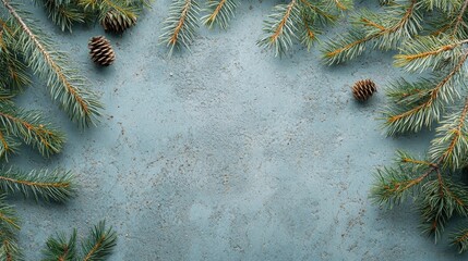 Blue textured backdrop features pine branches and pinecones framing copy space