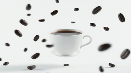 Obraz premium A minimalist image showcasing a cup of black coffee with floating coffee beans on white background