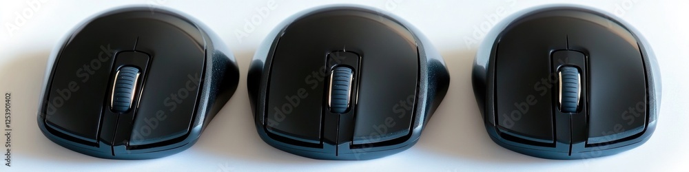 Poster three computer mice sitting side by side on a white surface