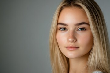 Fototapeta premium Portrait of a woman with long blonde hair and blue eyes, smiling softly