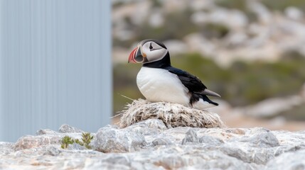 Fototapeta premium Puffin on nest, coastal rock outcrop. Possible use Nature, wildlife photography