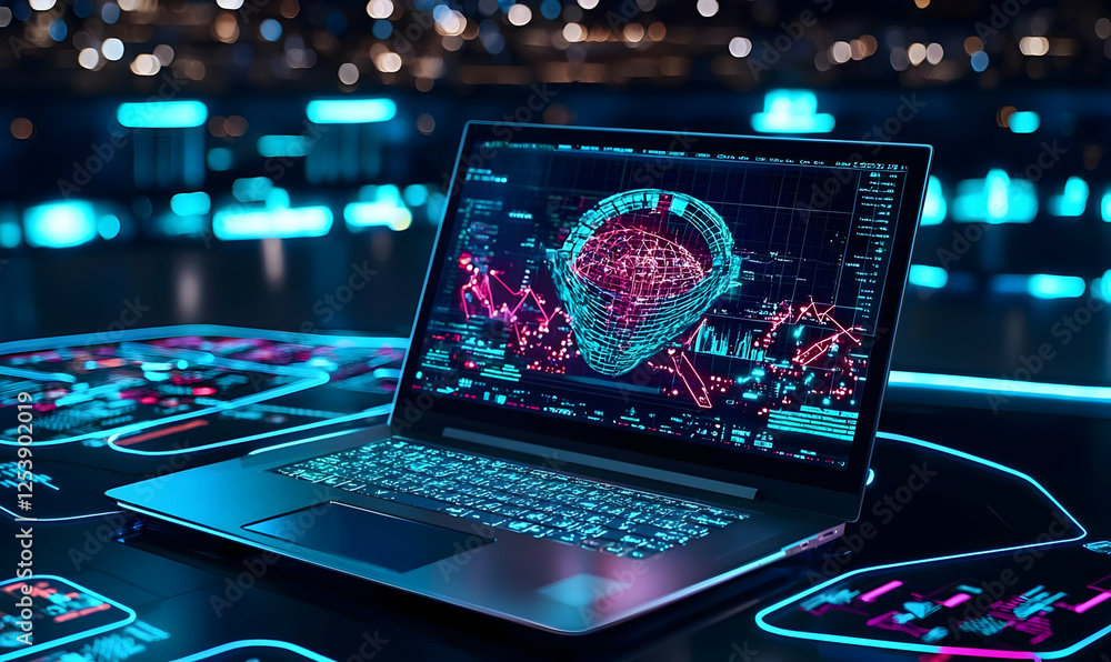 Poster laptop displaying data visualization and digital interface concept