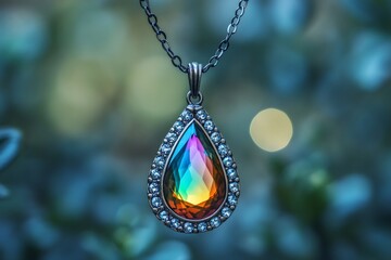 Colorful teardrop shaped pendant hanging on a necklace, sparkling in natural light
