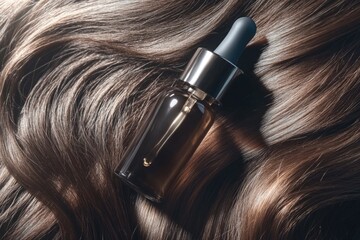 Fototapeta premium A bottle of liquid is situated on top of a person's hair, with unknown context