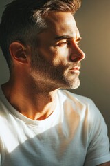 Obraz premium A person wearing a white t-shirt looks off to the side, possibly lost in thought
