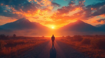 Obraz premium A silhouette walks towards a vibrant sunset between majestic mountains and a serene landscape.