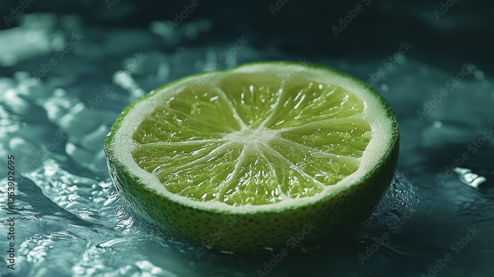 Poster fresh lime slice placed on a flat surface, ideal for garnishing cocktails or adding to recipes