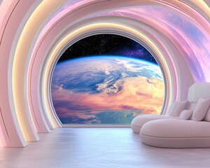 Futuristic Space Hotels by Luxury Space Hotel Suites with Panoramic Earth Views as Futuristic room with cosmic view and soft furniture.