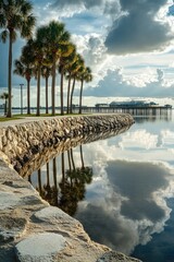 Fototapeta premium A serene scene with palm trees lining the shores of a peaceful lake, suitable for use in travel or nature-themed projects