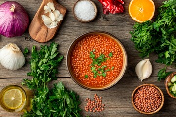 Colorful ingredients create a vibrant Mediterranean-inspired dish in a rustic kitchen setting