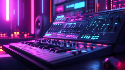 Retrowave objects in neon hues, showcasing a retro-futuristic look with 1980s elements, rendered in comic book style