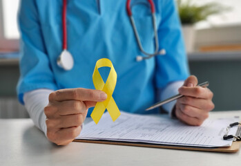 International Childhood Cancer Day. Doctor in coat with yellow ribbon. Sarcoma awareness, bladder...