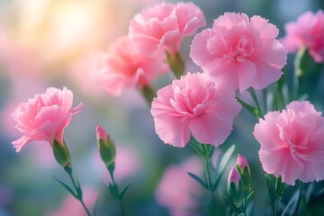 Pink carnation flowers a garden fresh and vibrant green leaves bright summer light