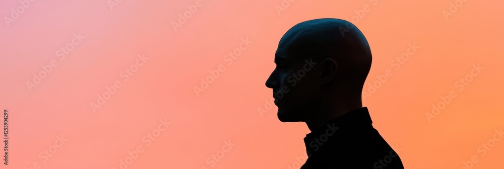 Fototapete silhouette of a person at sunset displaying distinct bald patches against a colorful gradient backgr