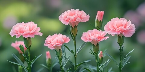 Fototapeta premium Pink carnations a garden fresh and beautiful natural light green foliage