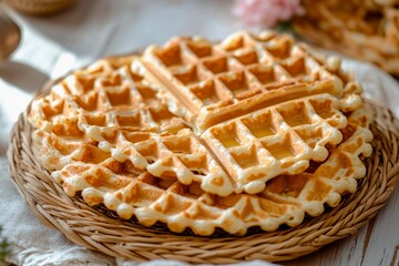 Perfectly golden waffles served on a rustic wooden platter with delicate pink flowers