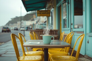 Fototapeta premium Steam rising from coffee mug coastal street serene outdoor scene vibrant beachside inviting relaxation