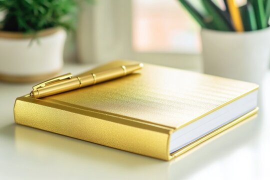 A golden notebook with a pen lying on top, ideal for academic or creative purposes