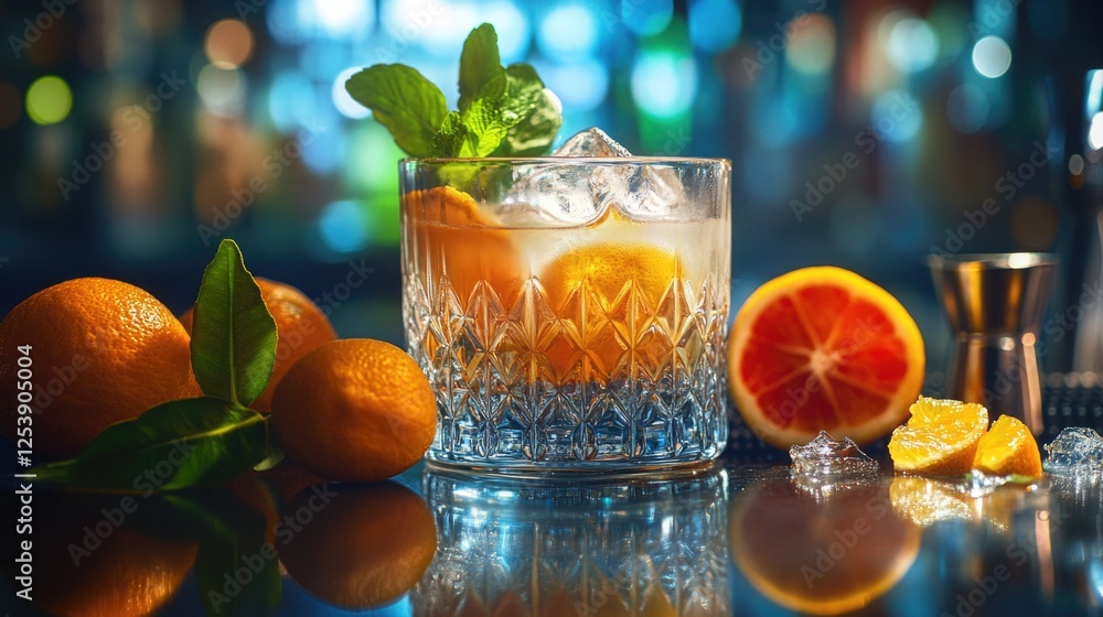 Poster a glass filled with a drink placed next to some oranges, perfect for a snack or a quick pick-me-up