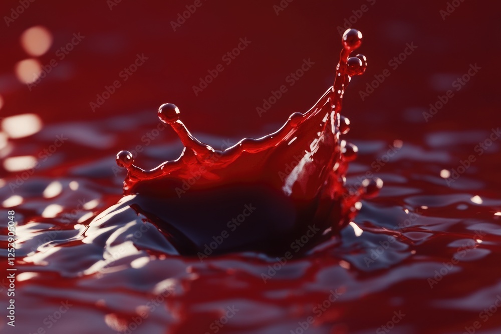 Poster a vibrant red liquid splashes onto a matching red surface, creating a dynamic visual effect