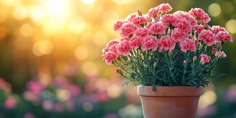 Pink carnations a potted plant garden background bright and fresh summer vibes