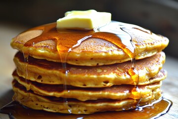 A plate of fluffy pancakes topped with melted butter and sweet syrup