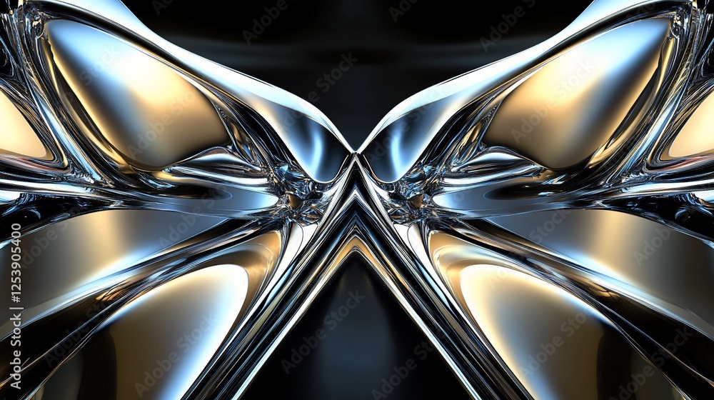 Poster futuristic abstract design with symmetrical glowing angular metallic shapes on a black background