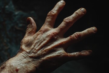 A close-up shot of a human hand with visible blood stains, useful for crime scene or horror-themed illustrations