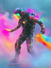 Fototapeta premium Futuristic holi robots throwing colorful powders