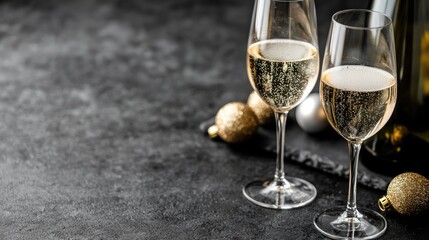 Sparkling wine glasses on dark stone background. Possible use Holiday celebration
