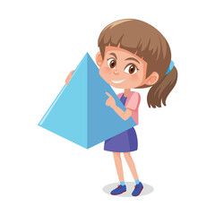 Naklejka premium school kid girl holding blue color pyramid in hand