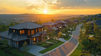 Luxury Hilltop Homes at Sunset: An Aerial View of Upscale Real Estate
