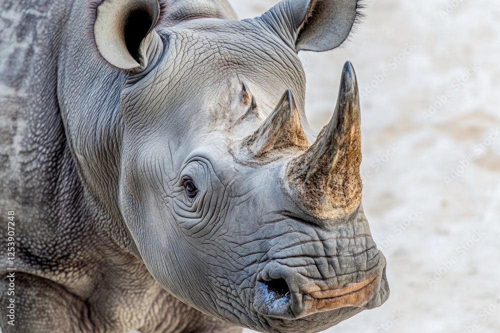 Poster a close-up view of a rhino's face in its natural habitat, suitable for use in educational or wildlif