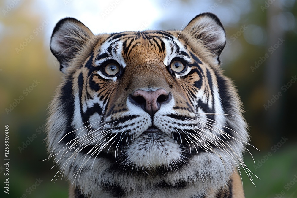 Poster a close-up of a tiger's face with trees in the background, suitable for wildlife or nature-themed pr